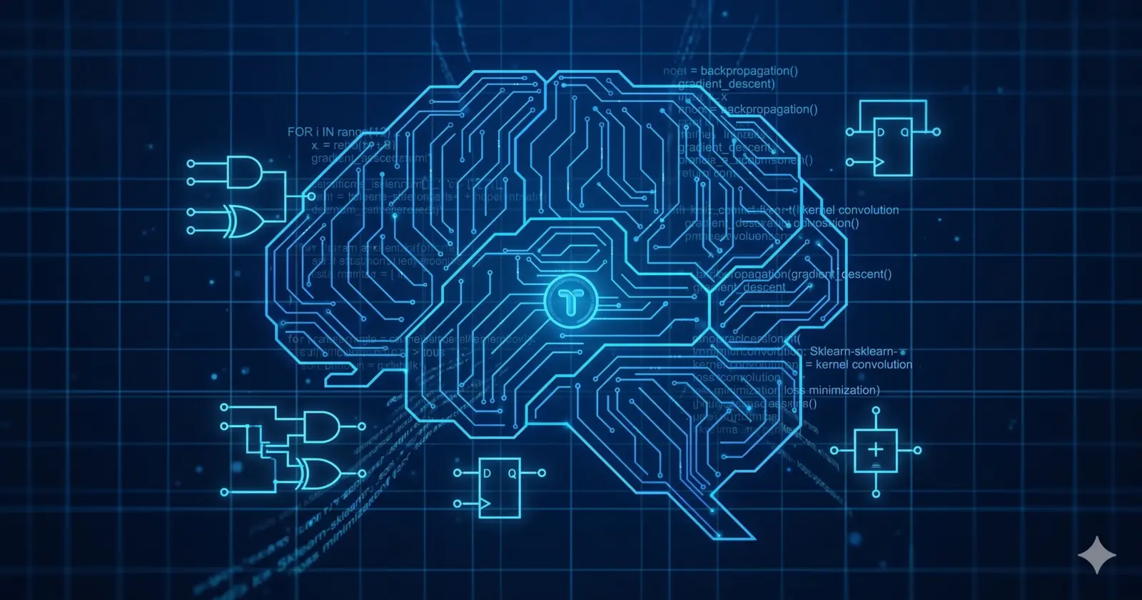 Illustration of a circuit-board brain surrounded by logic gates